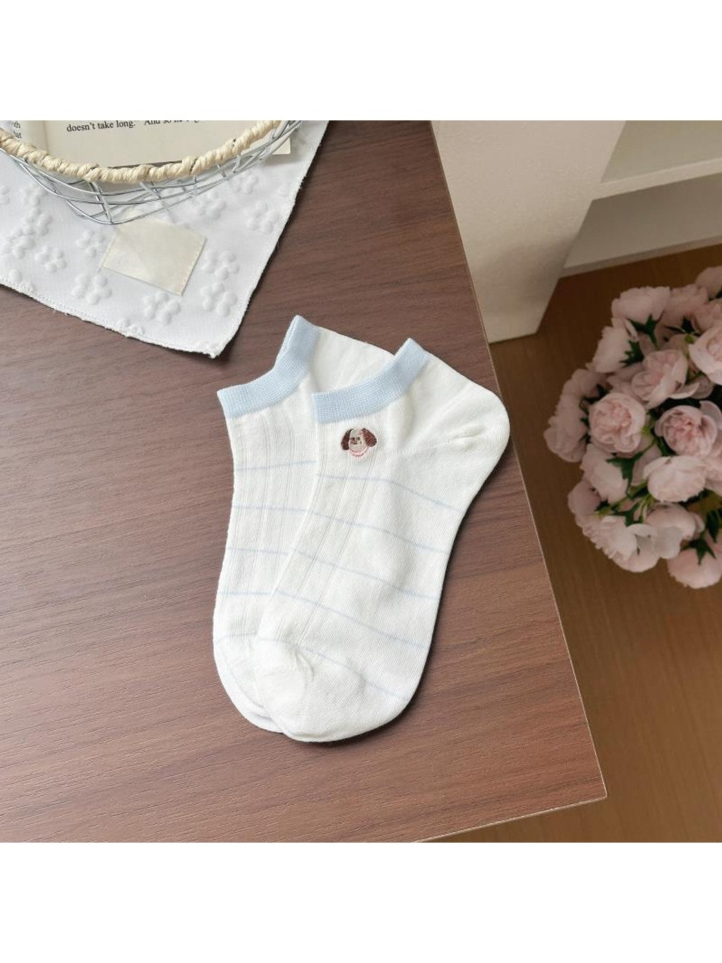 Rufia - Cartoon Dog Embroidered Striped Ankle Socks