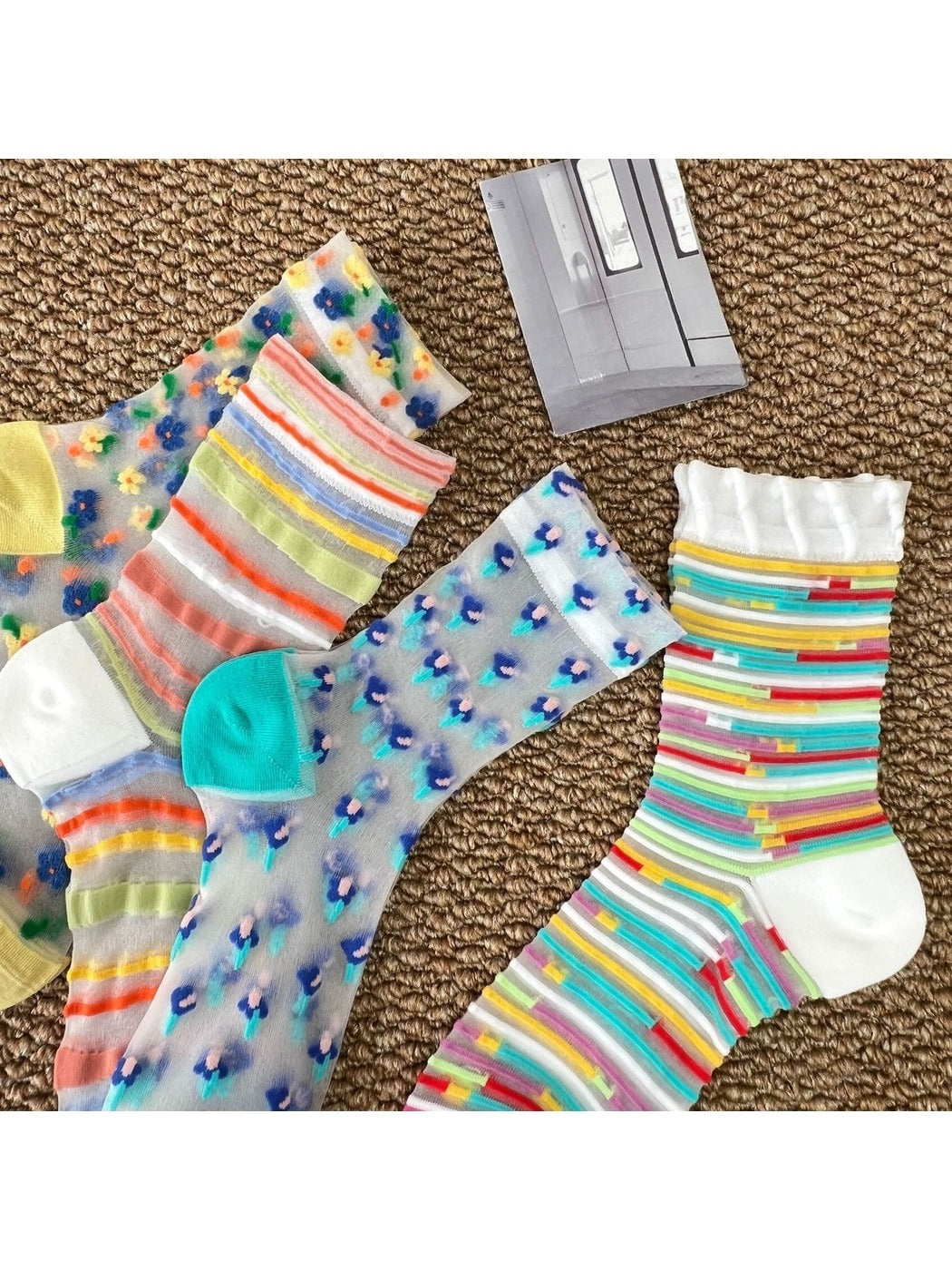 Rufia - Colorful Sheer Floral Stripe Crew Socks