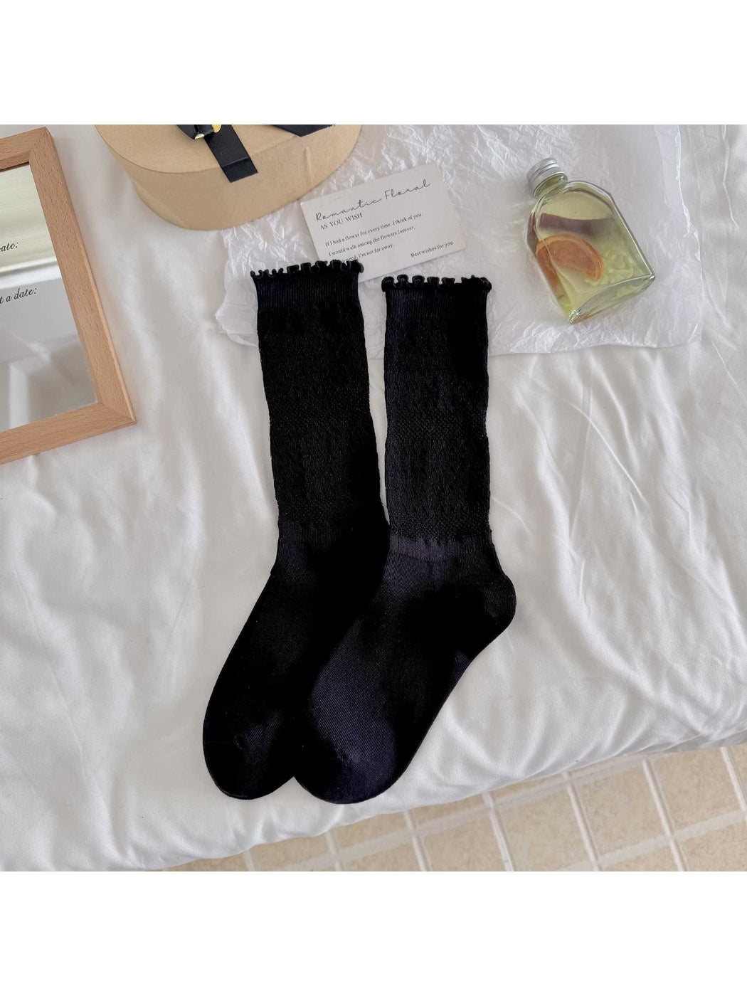 Rufia - Solid Color Ruffle Cuff Openwork Crew Socks
