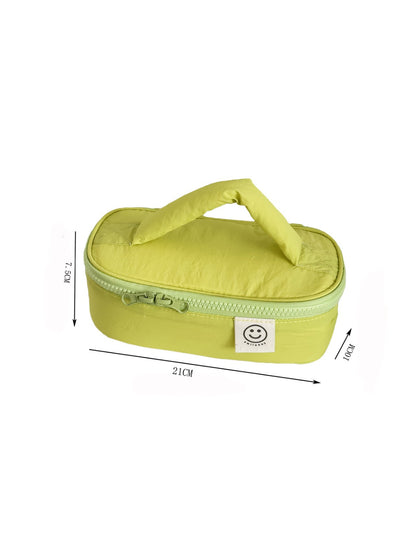 Cosbai Smiley Patch Cosmetic Bag with smiley face patch centered on white bag