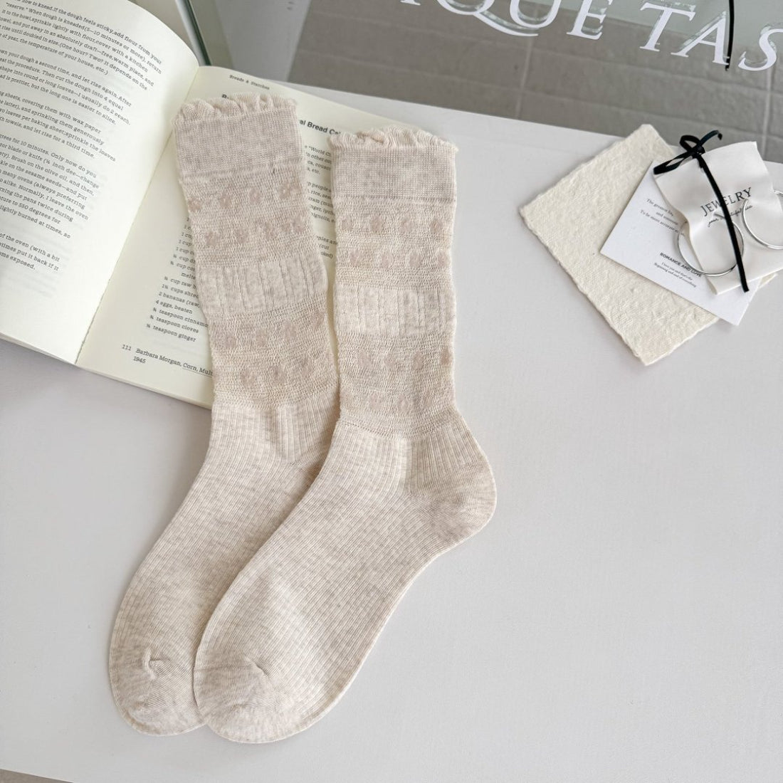 Rufia floral trim ribbed crew socks styled with casual shoes and cropped pants