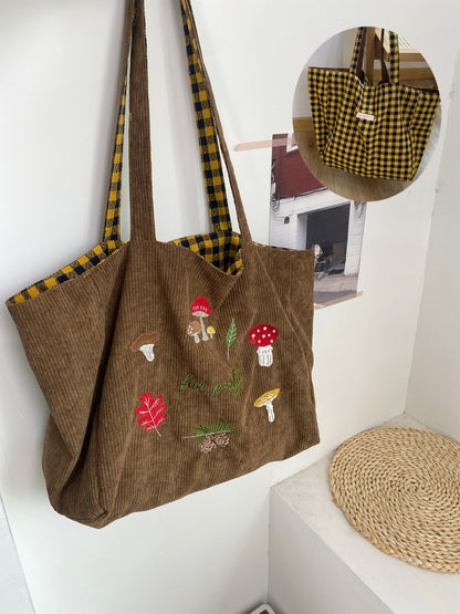 Cosbai – Retro Corduroy Mushroom Embroidered Shoulder Bag