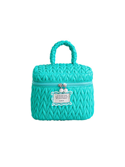 Cosbai - Shiny Quilted Cosmetic Bag with Handle and Charm detail view 4