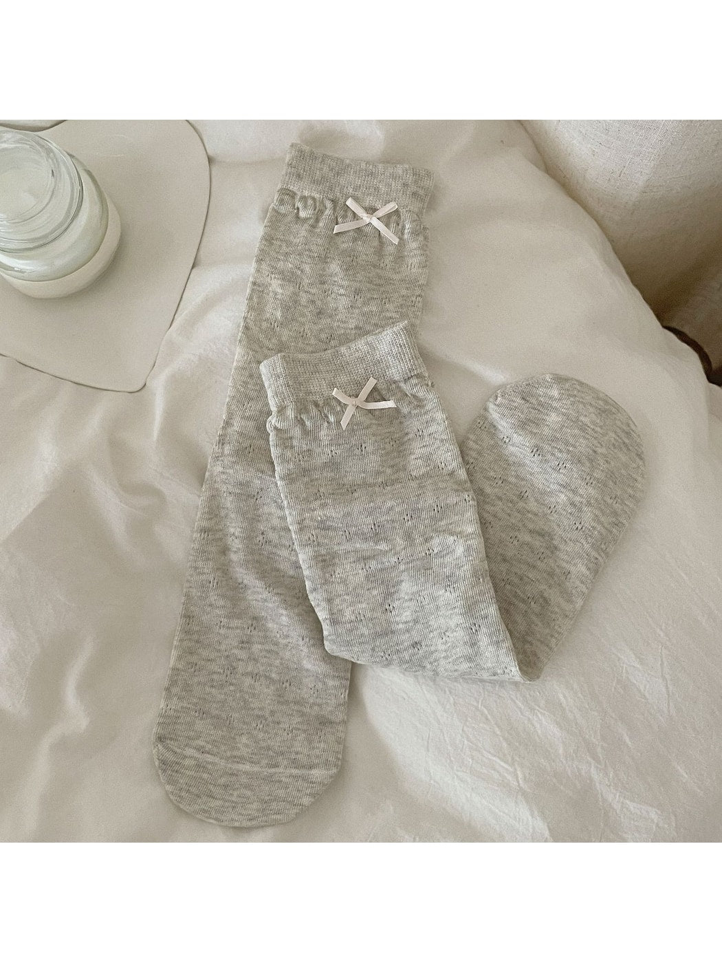 Rufia - Solid Color Openwork Bow Accent Crew Socks