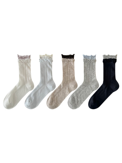 Rufia - Muted Ribbed Ruffle Cuff Crew Socks
