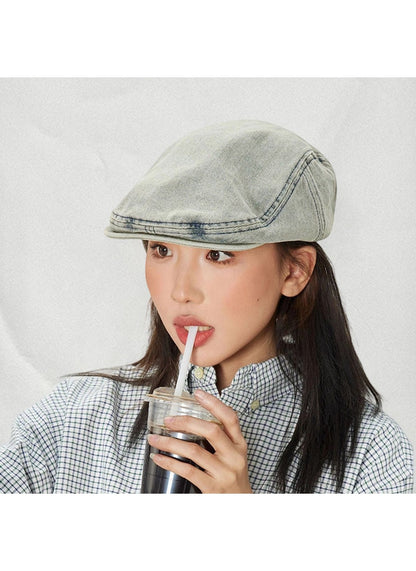 Haila – Vintage Washed Denim Tone Round‑Top Beret Hat