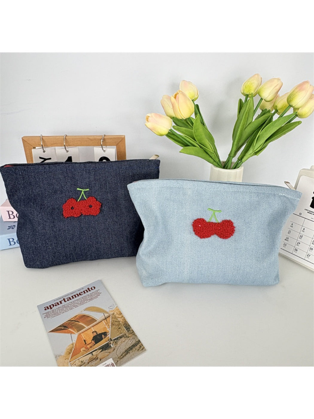 Cosbai – Denim Cherry Embroidered Mini Makeup Bag