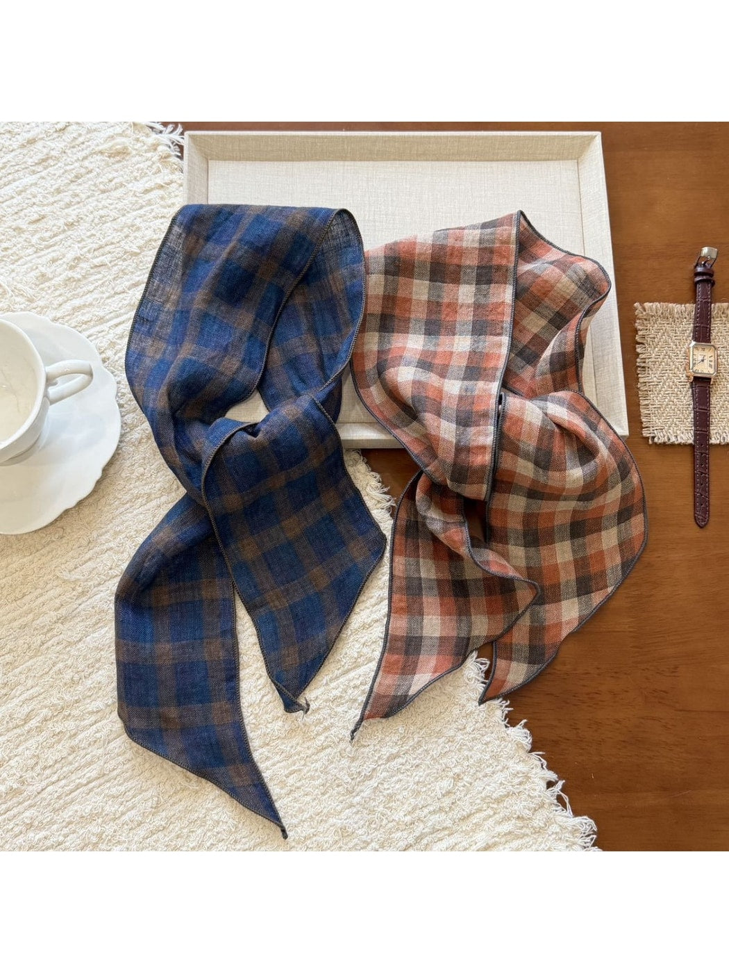Scarvii - Printed Plaid Long Narrow Fashion Scarf
