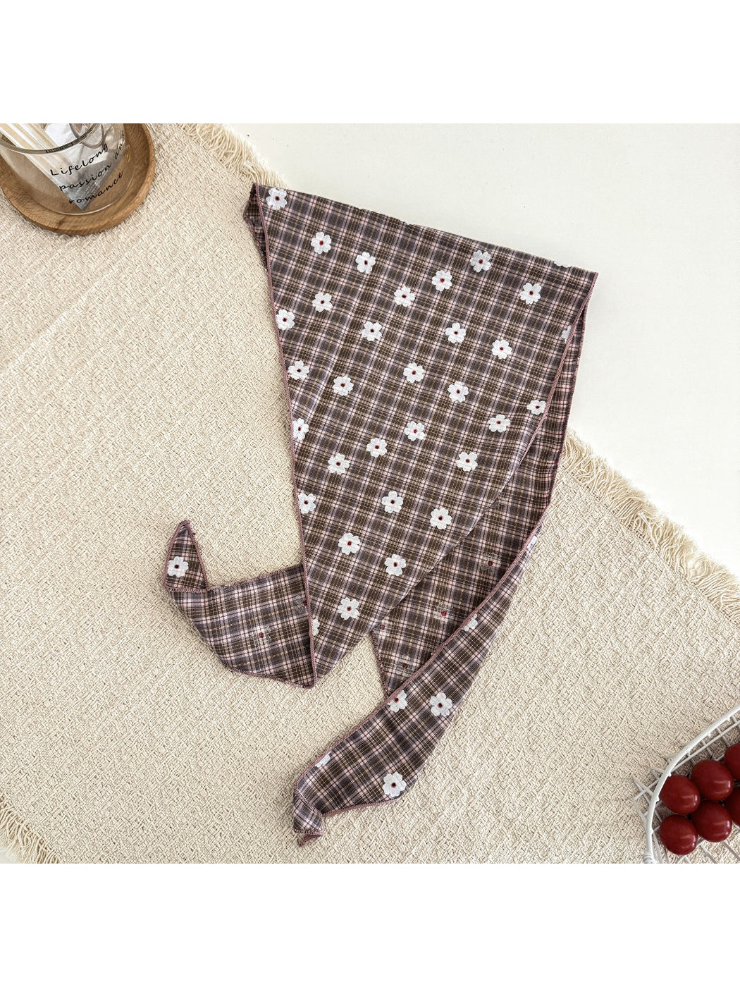 Soft plaid daisy hair tie scarf displayed on a white background