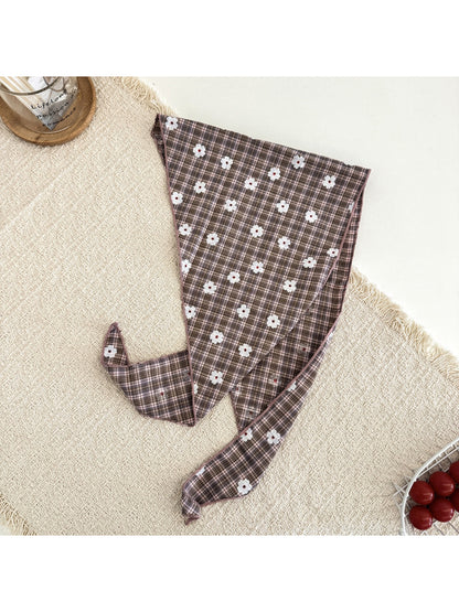 Soft plaid daisy hair tie scarf displayed on a white background