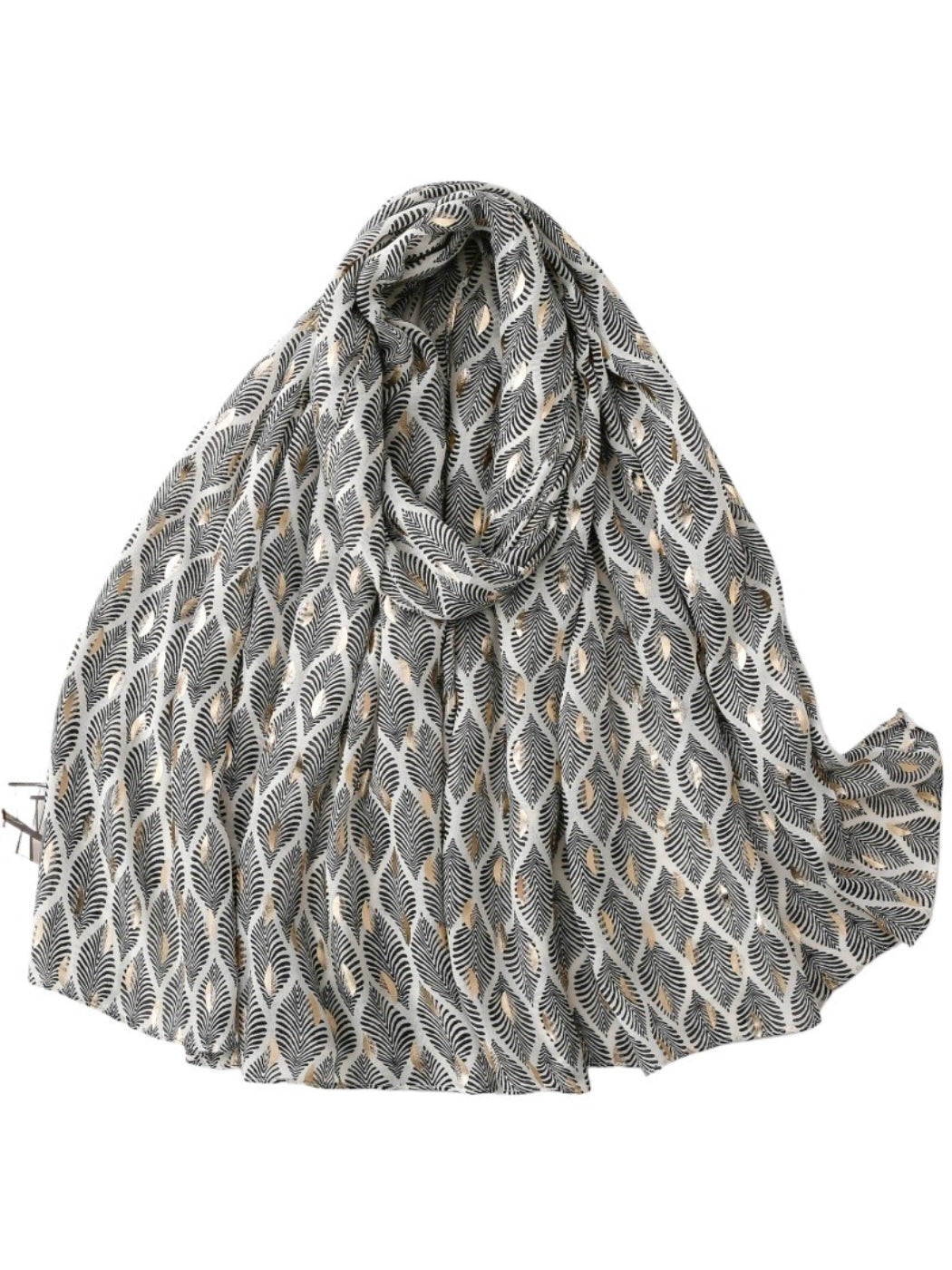 Scarf wrapped around the shoulders of a mannequin highlighting feather print and softness
