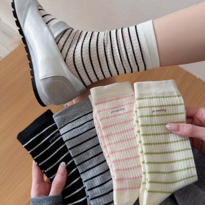 Rufia Pretty Fine Stripe Crew Socks folded showing striped pattern in neutral colors
