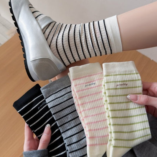 Rufia Pretty Fine Stripe Crew Socks folded showing striped pattern in neutral colors