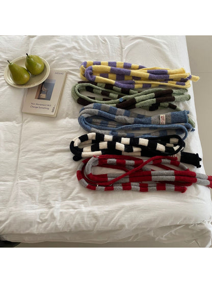 Scarvii - Bold Stripe Rolled Edge Skinny Knit Scarf