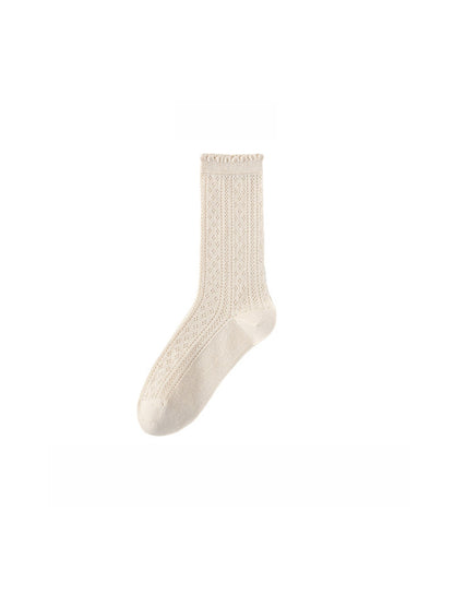 Rufia - Solid Color Ruffle Openwork Casual Crew Socks