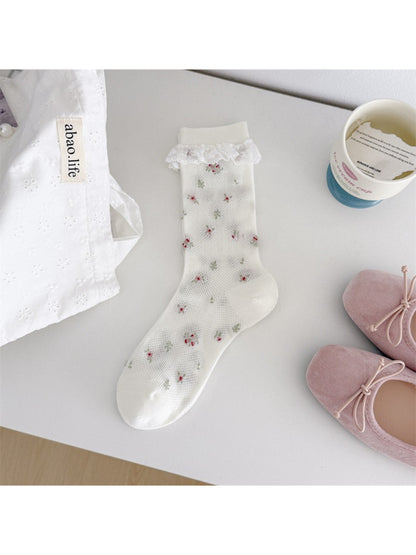 Top view of Rufia Romantic Lace Cuff Crew Socks showing lace cuff and toe area
