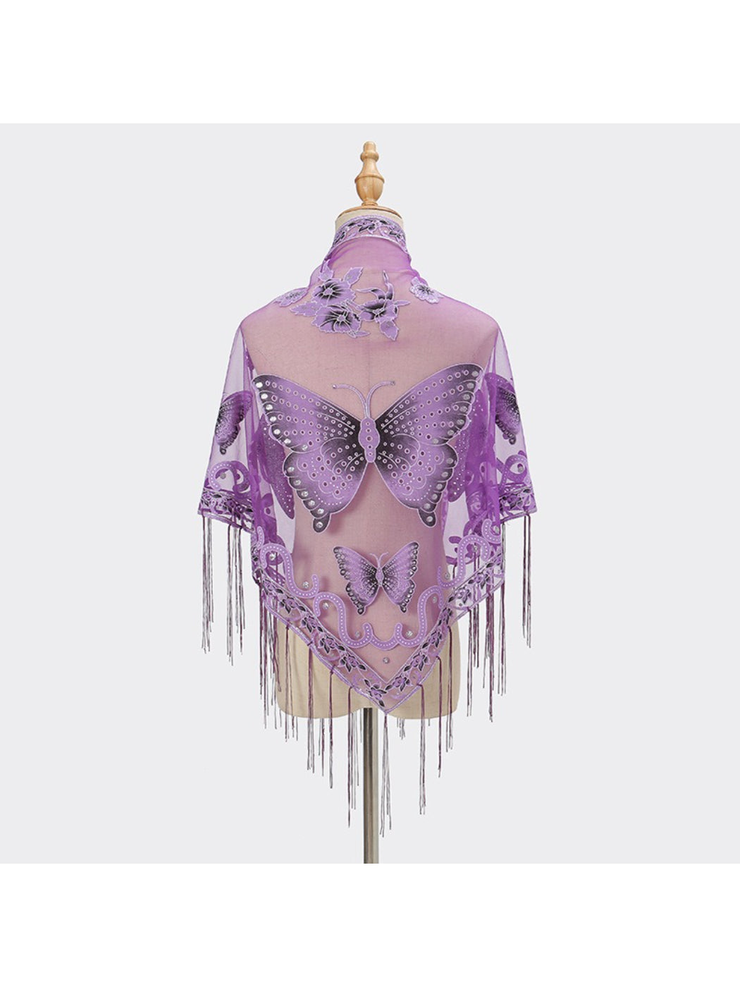 Close-up of Scarvii Butterfly Fringe Triangle Scarf showing colorful butterfly details and fringe