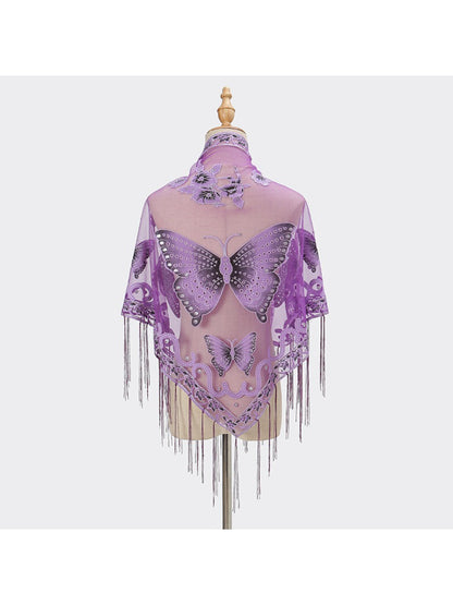 Close-up of Scarvii Butterfly Fringe Triangle Scarf showing colorful butterfly details and fringe