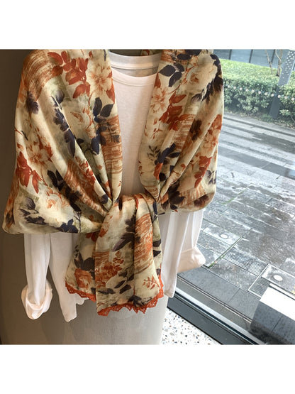 Scarvii - Floral Print Rectangular Shawl Scarf