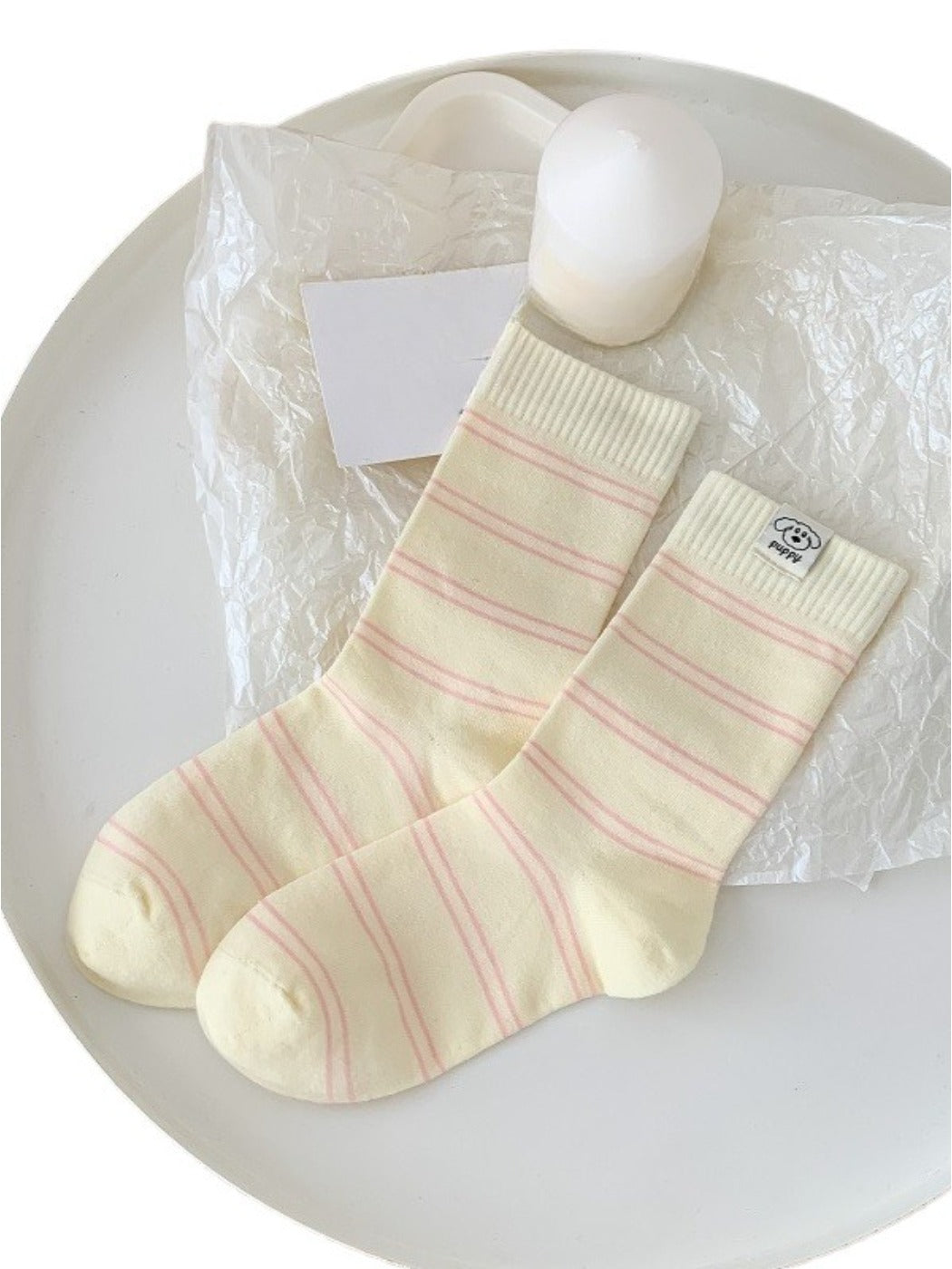 Rufia - Striped Puppy Mid-calf Socks - Cute & Stylish