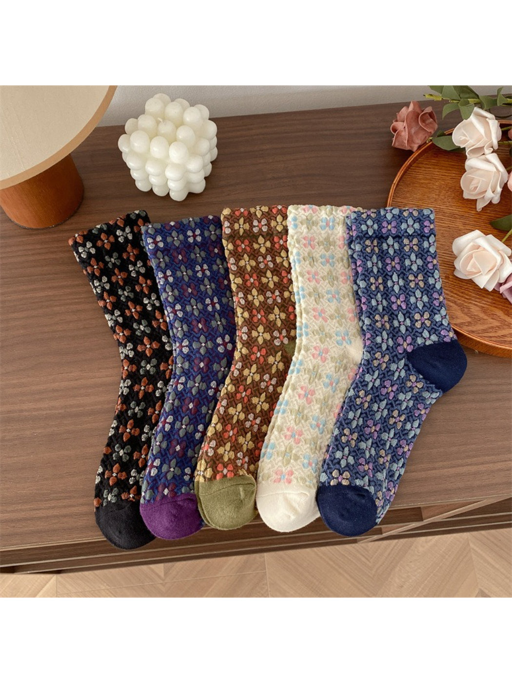 Rufia - Retro Woven Floral Crew Socks