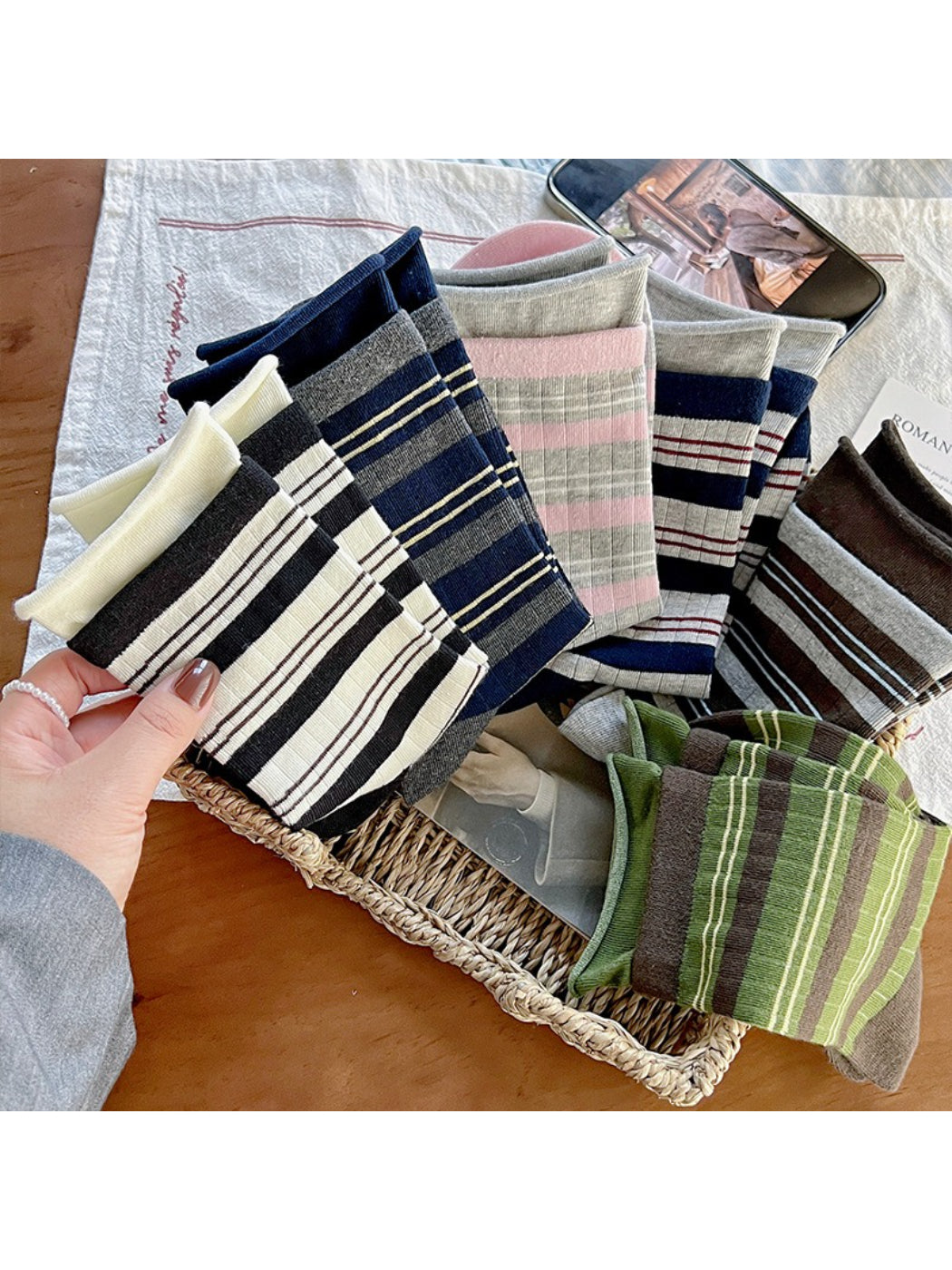 Rufia - Striped Cuff Knit Crew Socks