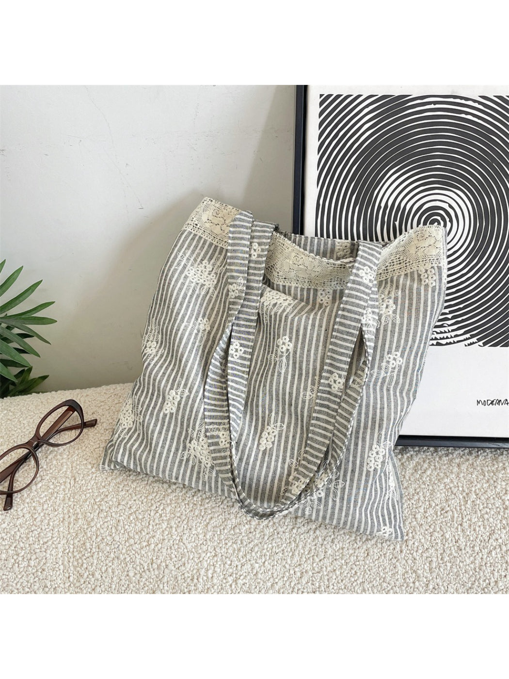Cosbai Lace Floral Stripe Tote Bag displayed on a white background