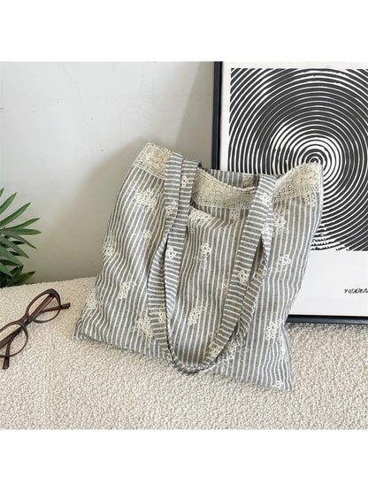 Cosbai Lace Floral Stripe Tote Bag displayed on a white background