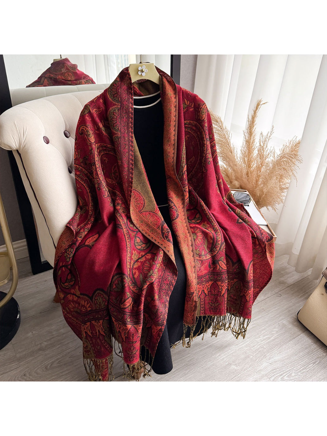 Scarvii - Burgundy Paisley Fringe Scarf Wrap