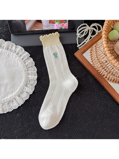 Rufia - Floral Embroidered Ruffle Crew Socks