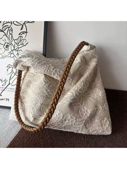 Cosbai - Soft Floral Embroidered Daily Tote Bag