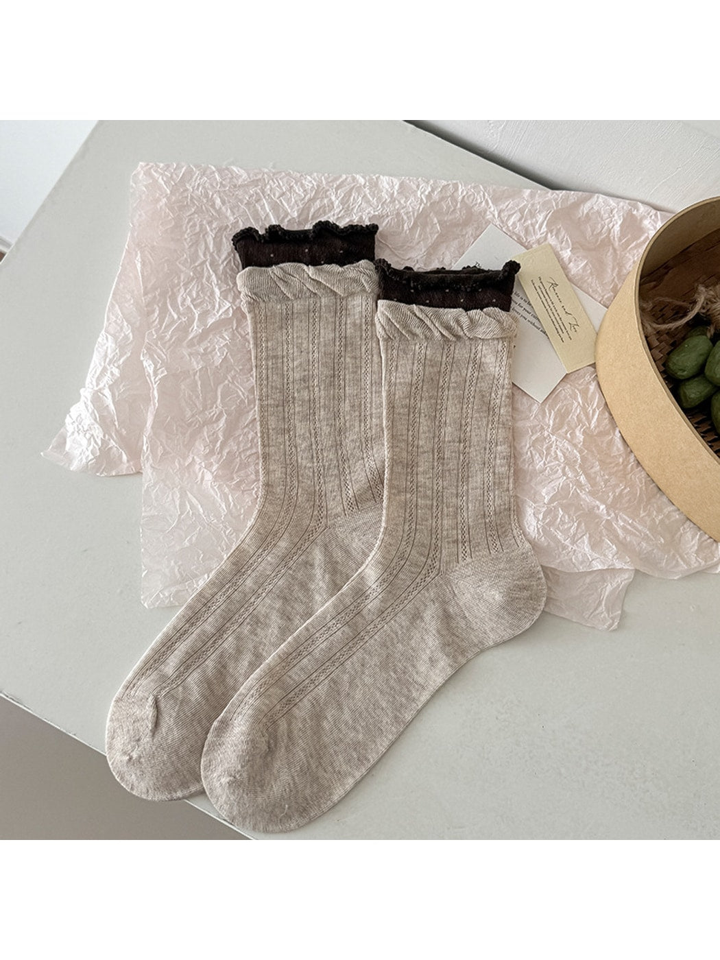 Rufia - Ruffle Cuff Two-toned Crew Socks