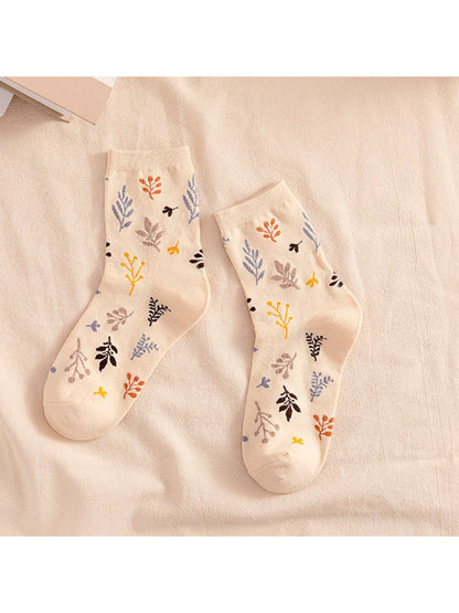 Rufia - Scattered Leaf Motif Knit Crew Socks