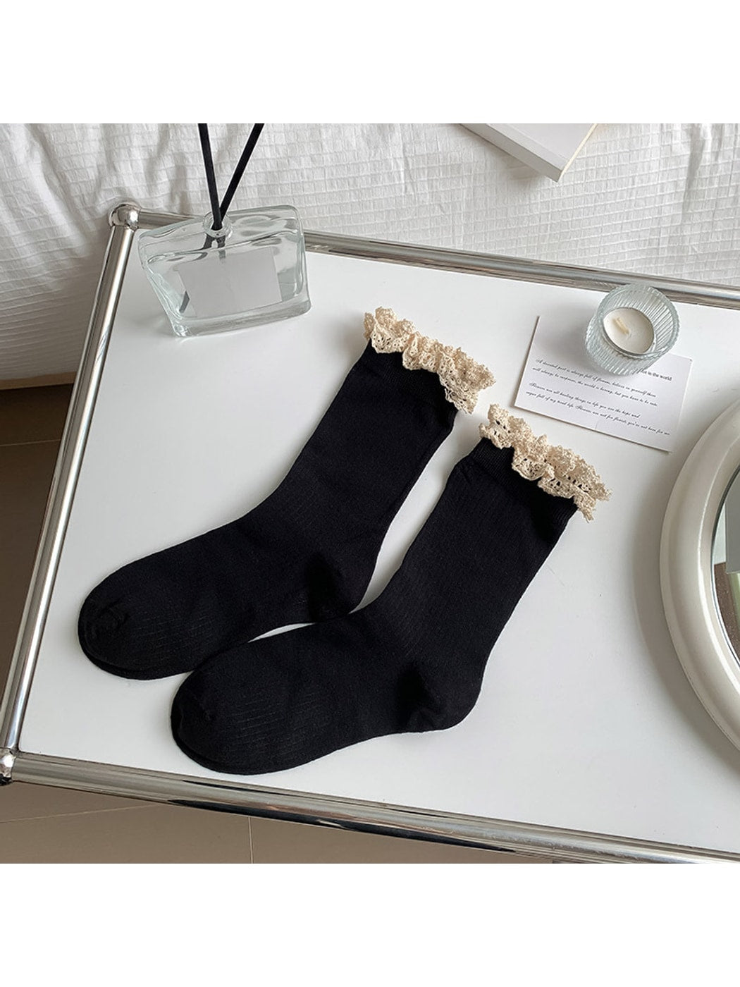 Rufia - Solid Color Ribbed Lace Trim Crew Socks