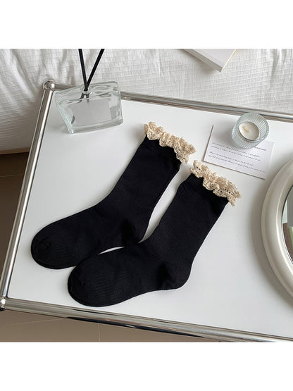 Rufia - Solid Color Ribbed Lace Trim Crew Socks