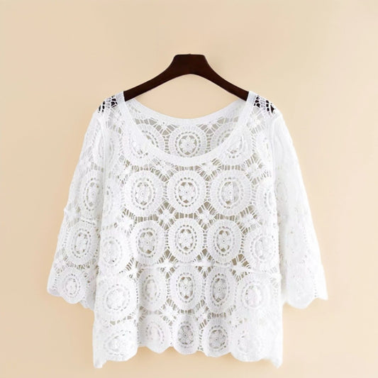 Crosa - Floral Crochet Lace Open-Knit Top Blouse