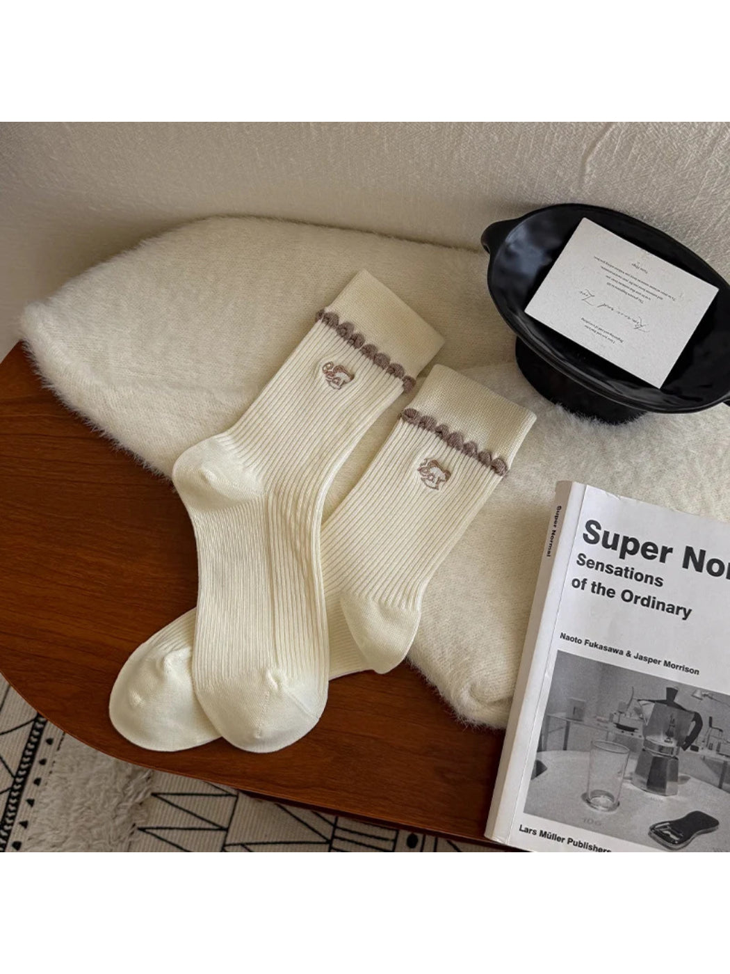 Rufia - Embroidered Animal Ribbed Folded Cuff Socks