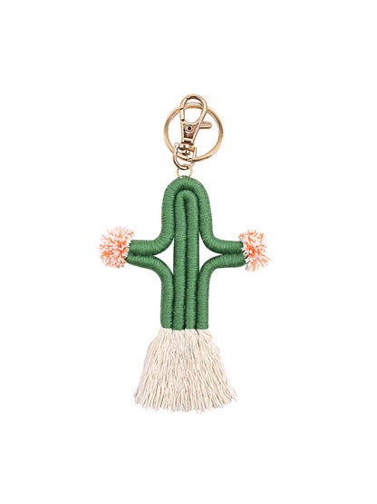 Koco Crochet Cactus Keychain with Pompom & Tassel with floral motif and tassel detail