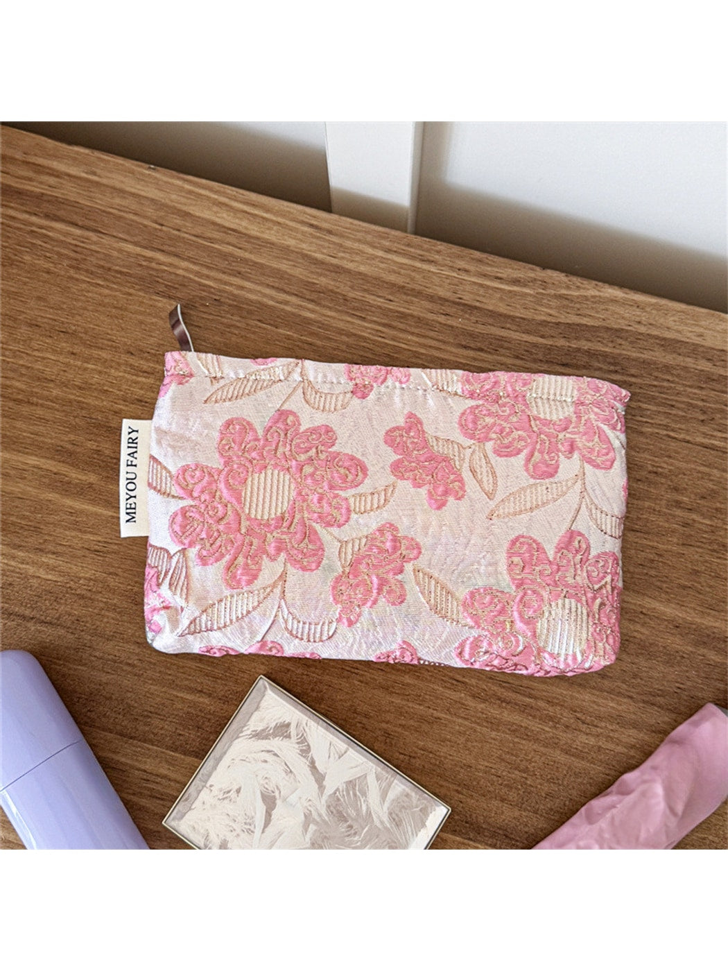 Cosbai - Raised Floral Zipper Makeup Bag