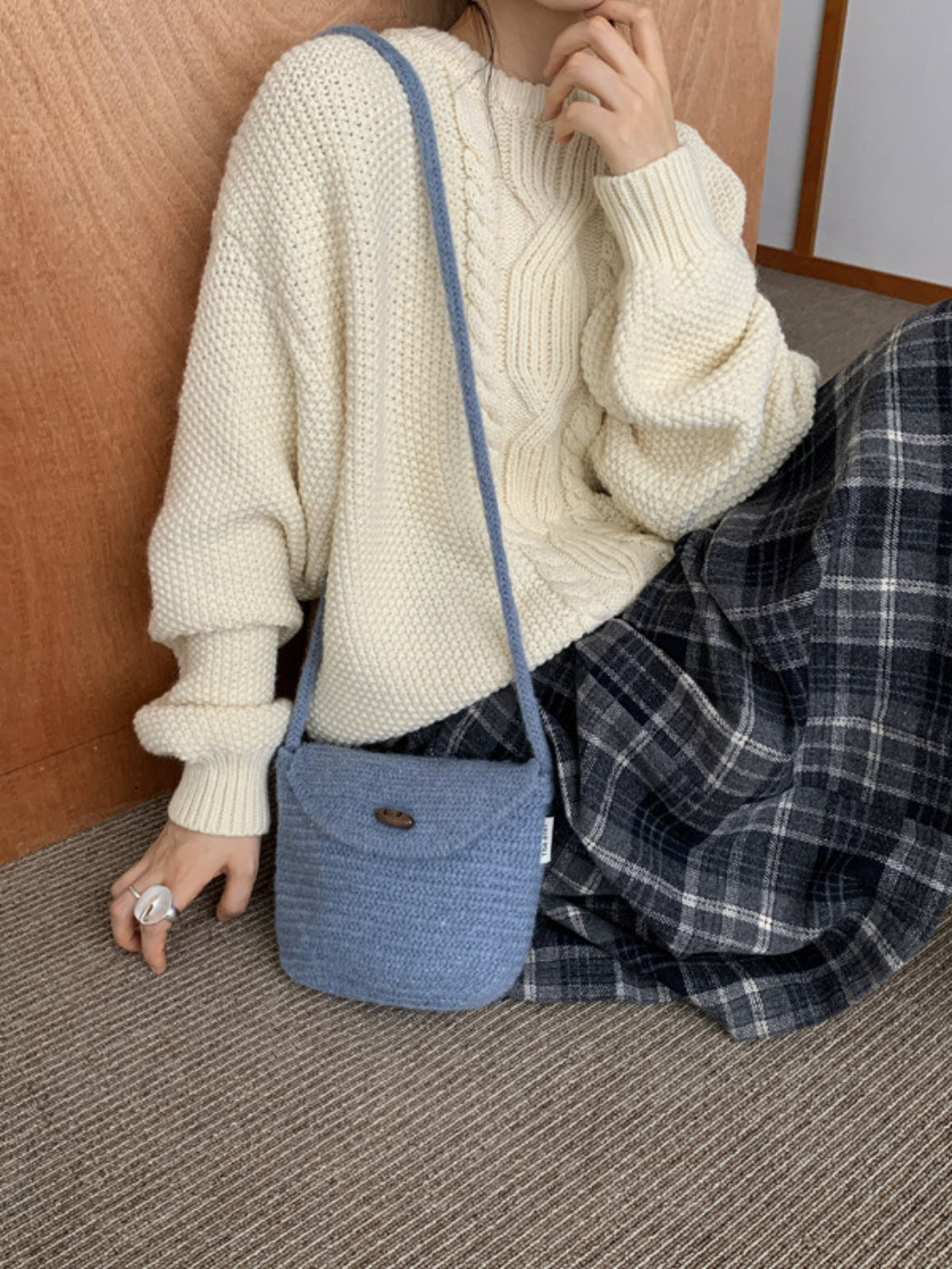 Cosbai - Textured Knit Button Flap Crossbody Bag