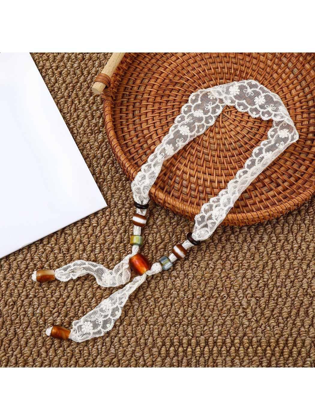 Scarvii - Lace Floral Print with Bead Detail Narrow Scarf