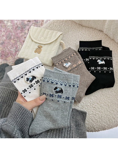 Rufia - Winter Mid-Calf Socks with Puppy & Floral Pattern