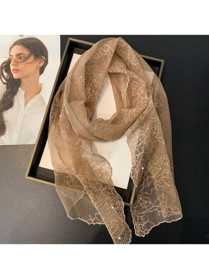 Scarvii - Floral Embroidered Solid Color Long Scarf