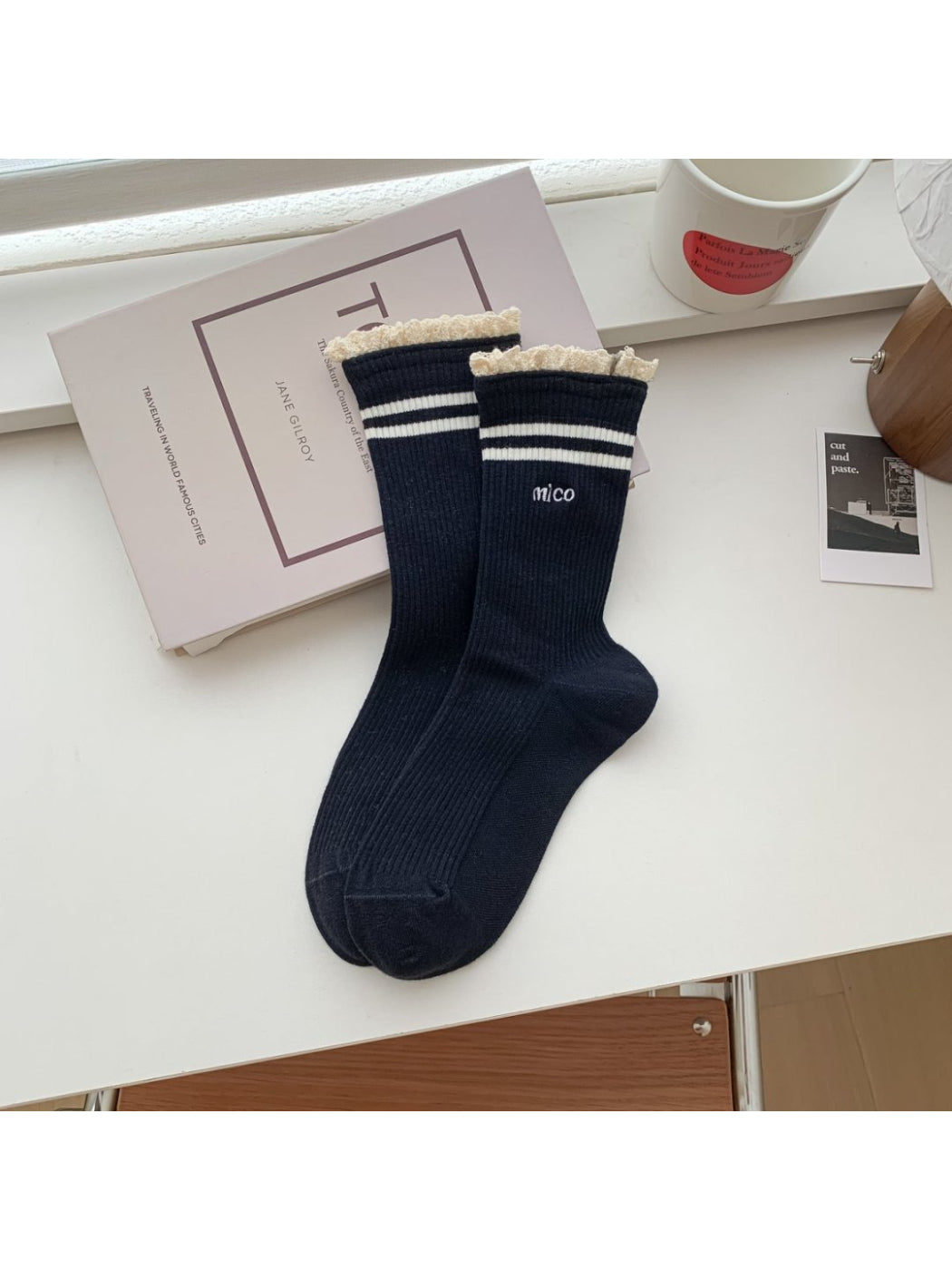 Rufia - Lace Trim Stripe Ribbed Crew Socks