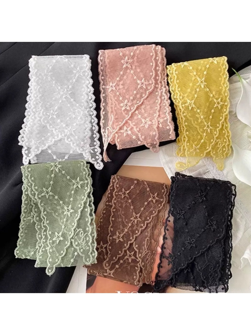 Scarvii - Embroidered Star Lace Long Narrow Scarf