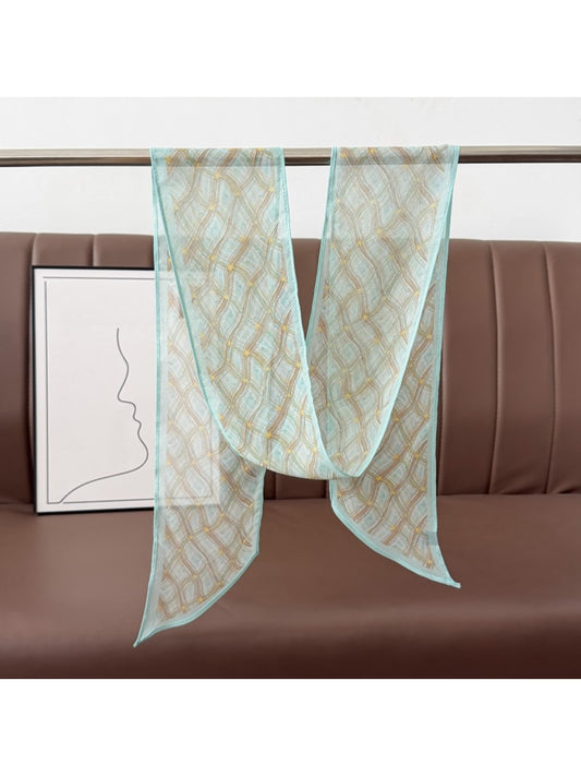 Scarvii - Mint Green Line Print Ribbon Style Scarf