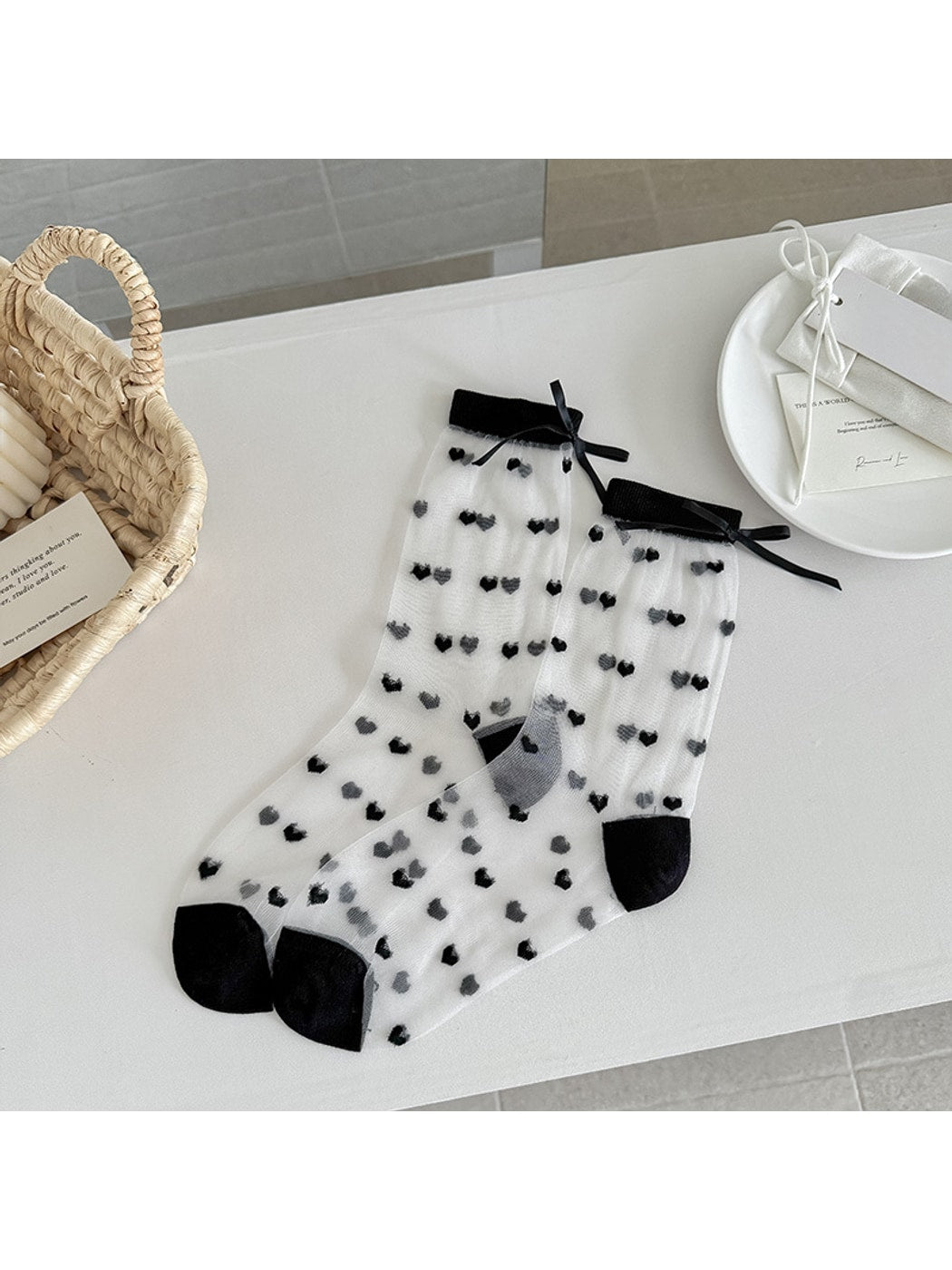 Rufia - Sheer Heart Bow Accent Crew Socks