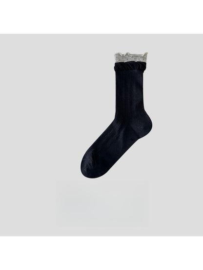 Rufia - Muted Ribbed Ruffle Cuff Crew Socks