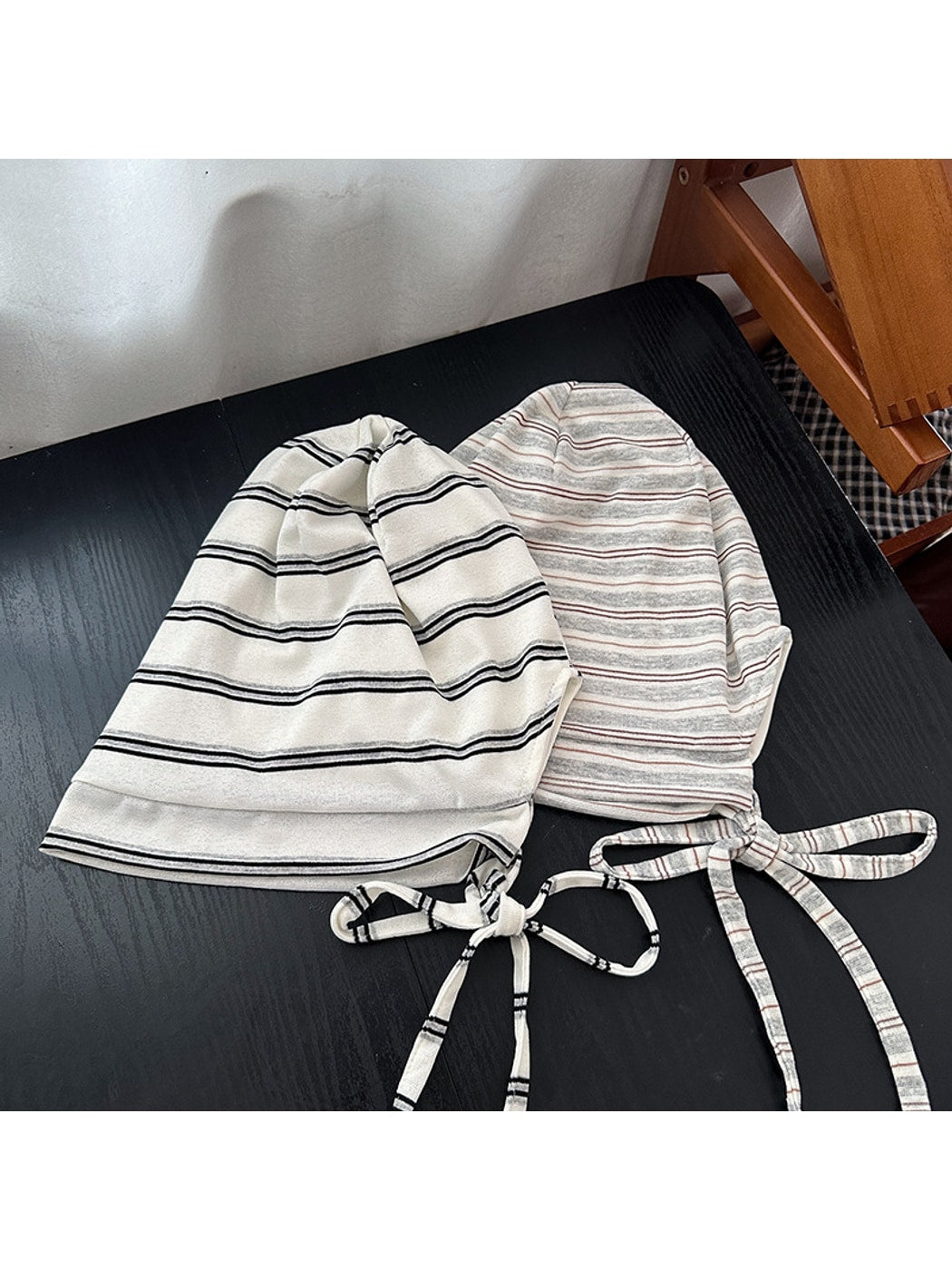 Haila - Striped Tie Strap Round Crown Knit Hat
