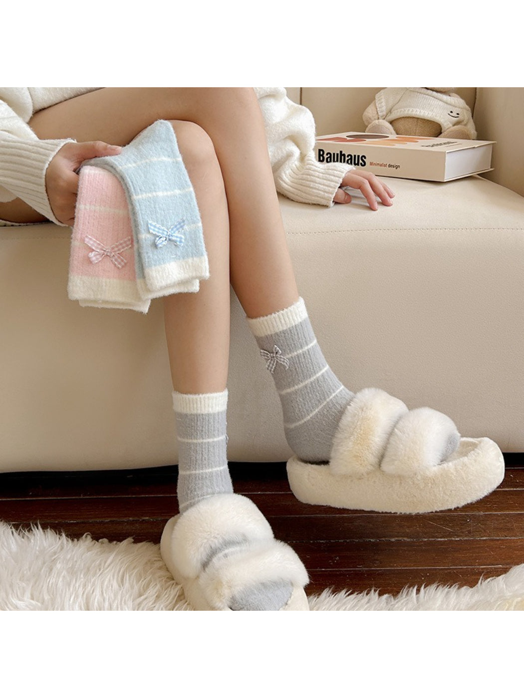 Rufia - Striped Bow Detail Cozy Crew Socks product image 2